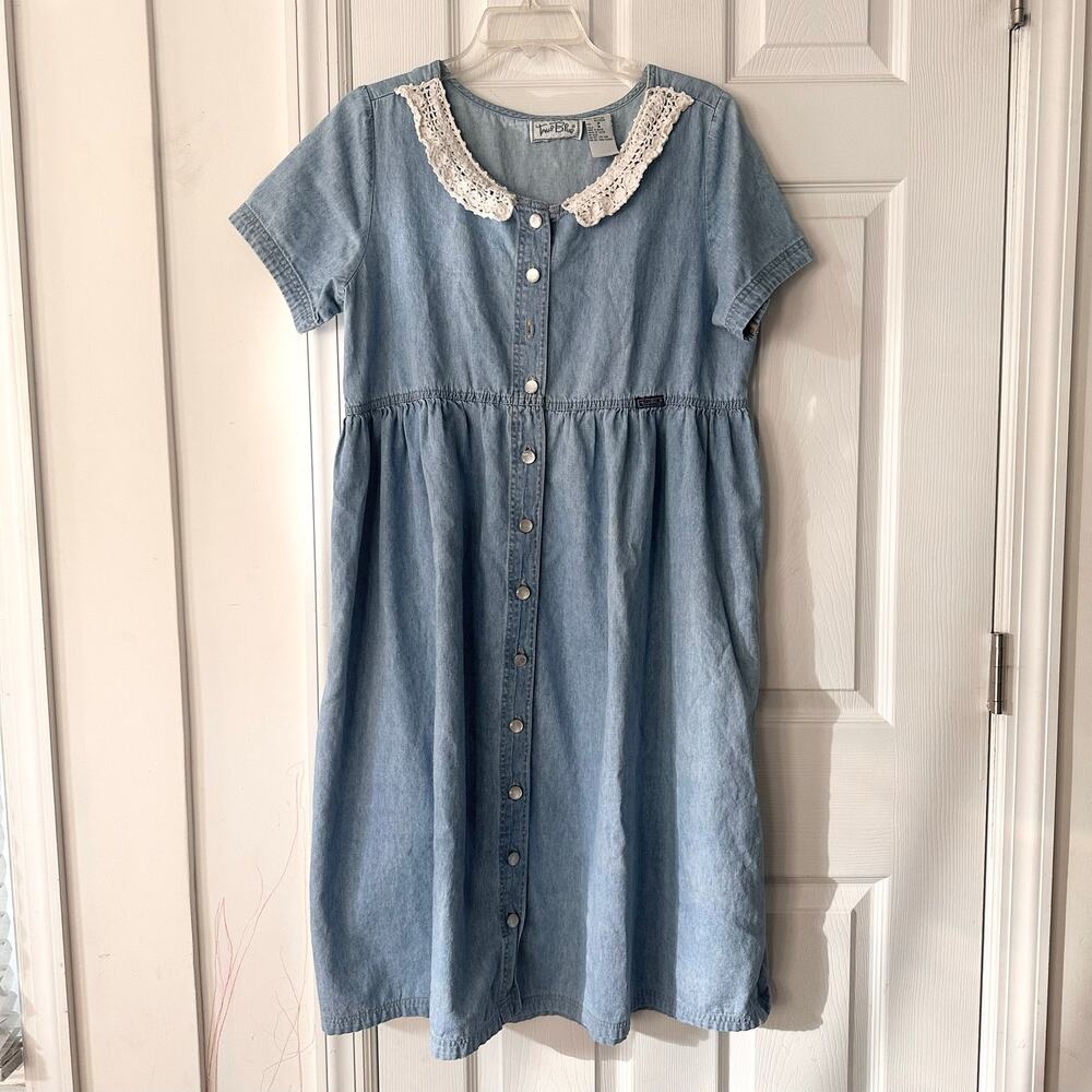 True Blue Vintage Cottage Grandma Lace Trim Collar Prairie Denim Midi Dress M